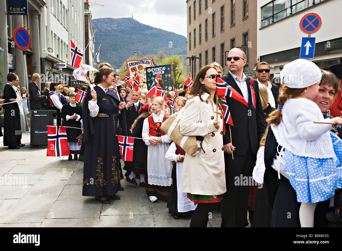 Local Clubs Bands Groups Families Schools March Through Bergen City Centre In Celebration of Norwegian Independence Day Stock Photo