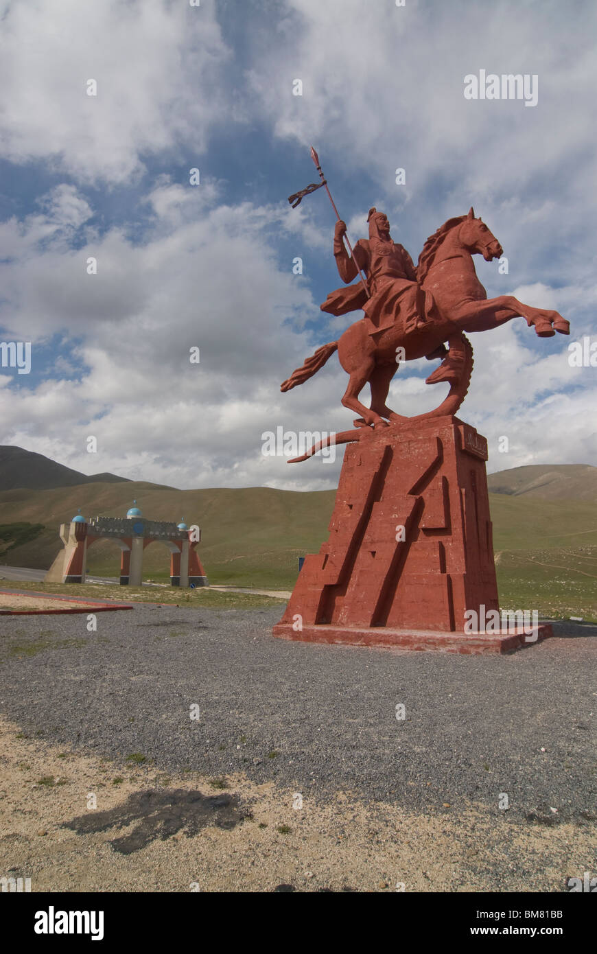 Statue of a horseman, between Sary Chelek and Bishkek, Kyrgyzstan Stock Photo