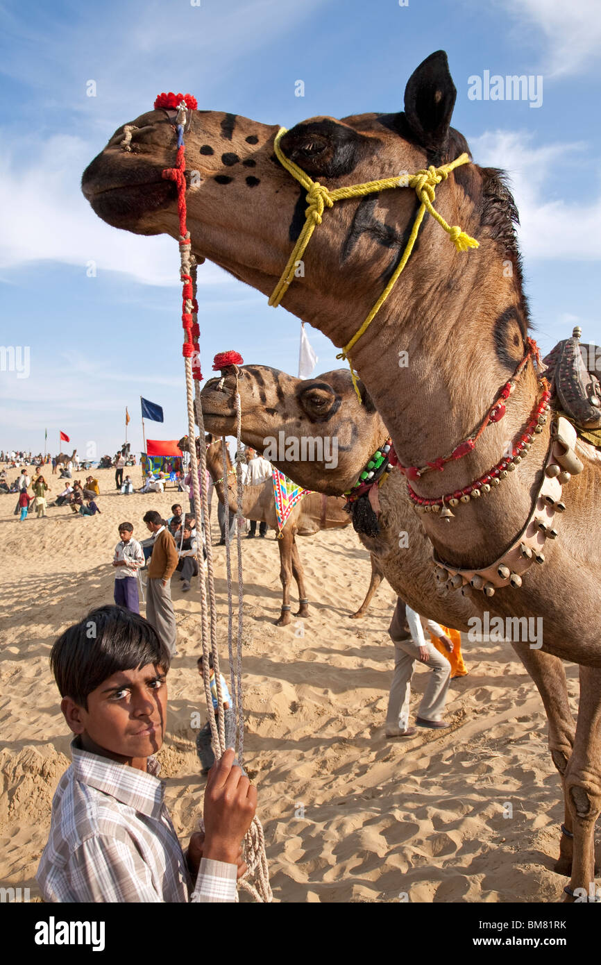 Indian boy with his camel. Sam Sand Dunes National Park. Near Jaisalmer. Rajasthan. India Stock Photo