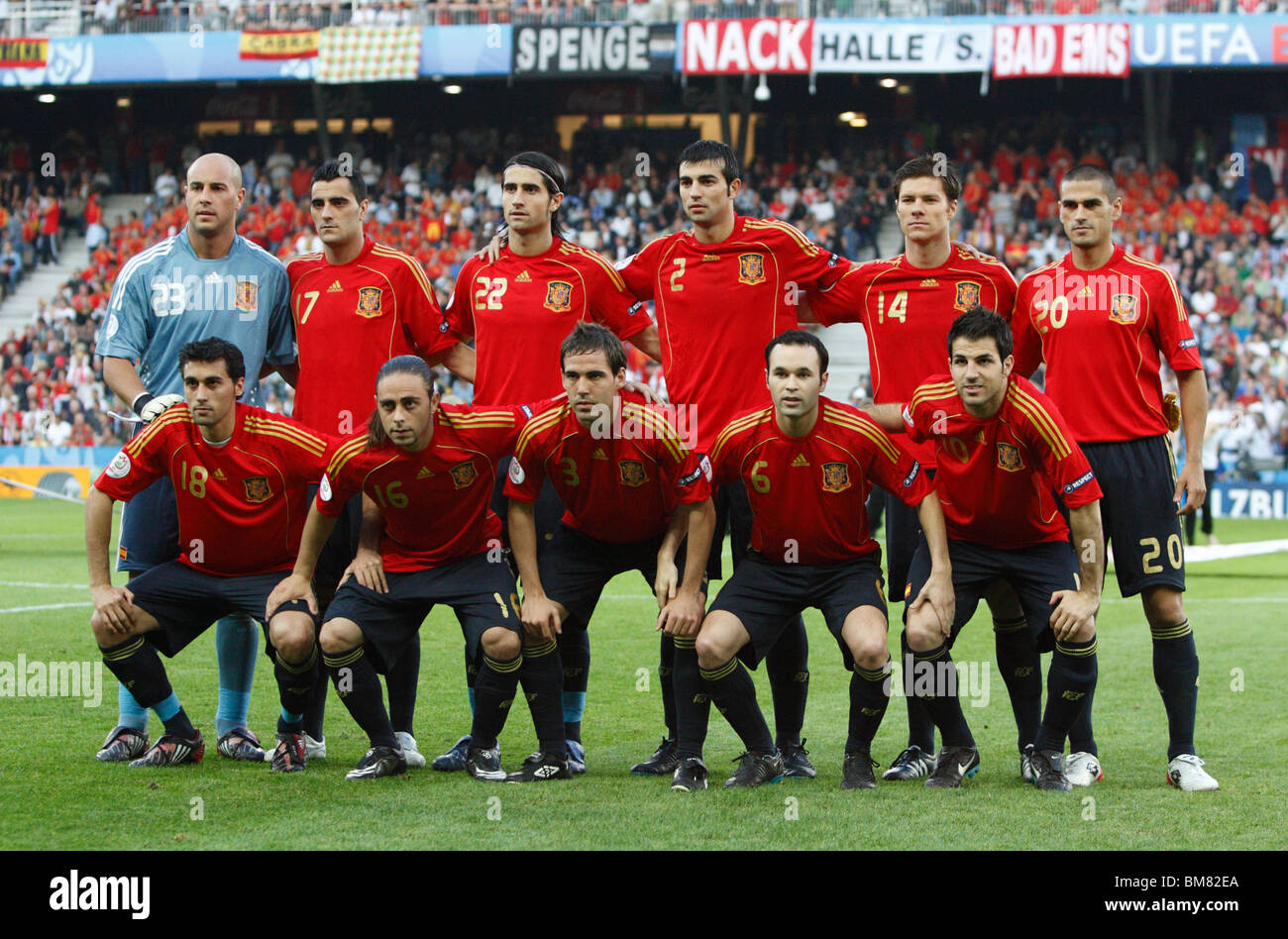 The Spain starting eleven for a UEFA Euro 2008 football match against Greece at Stadion Wals-Siezenheim June 18, 2008. Stock Photo
