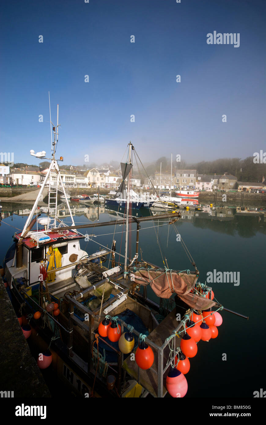 Padstow Cornwall UK Harbour Harbor Quay Marina Fishing Boats Mist Stock