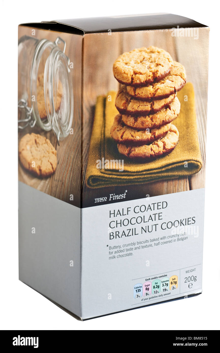 200g Box of Tesco Finest half coated chocolate brazil nut cookies Stock Photo