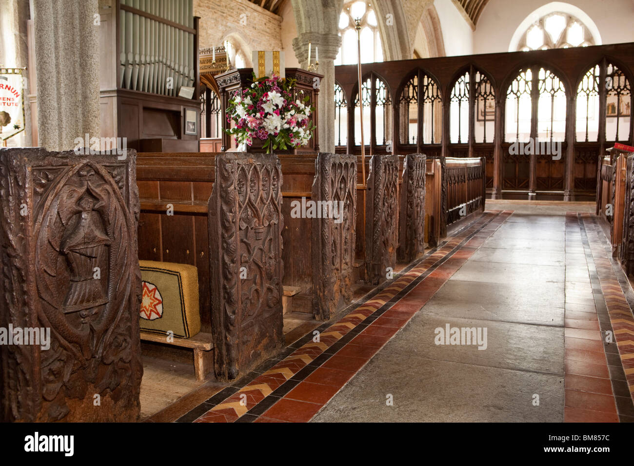 UK, Cornwall, Altarnun, St Nonna’s Parish Church interior, 1500s carved