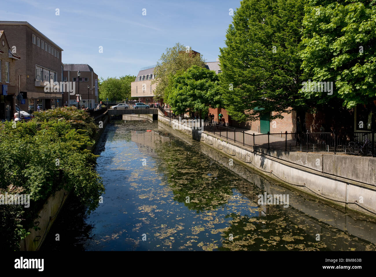 The River Chelmer flowing through Chelmsford City centre in Essex. Stock Photo
