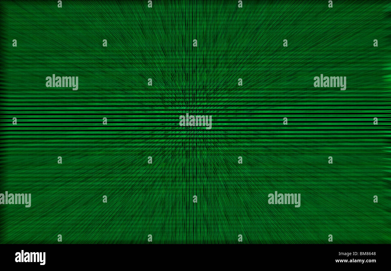 Binary numbers, zeros and ones, in green on a black computer monitor with a zoomed motion blur Stock Photo