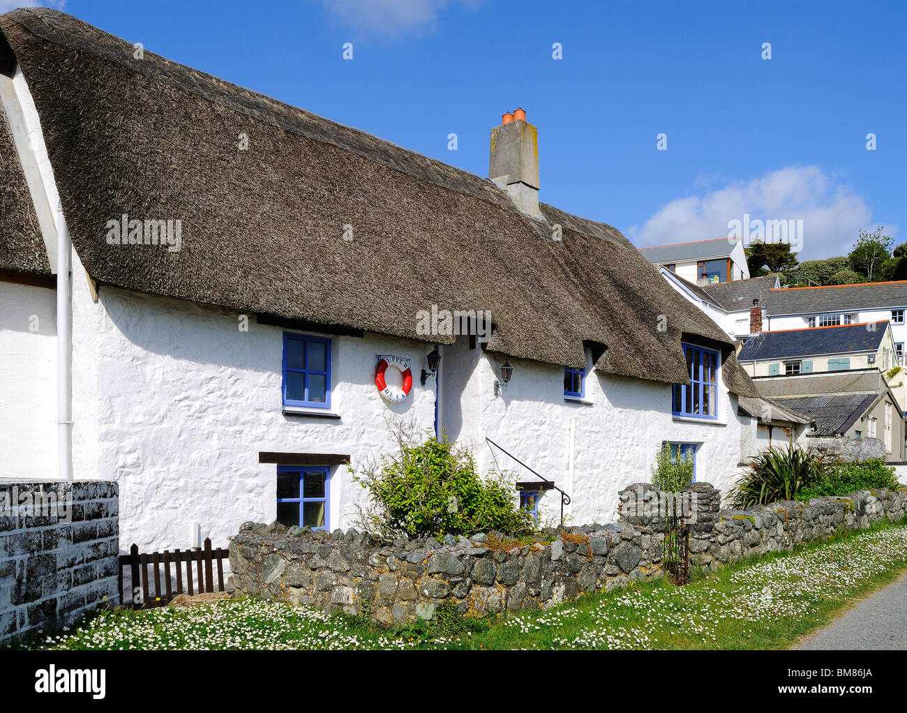 a thatched cottage in the village of porthallow, cornwall, uk Stock
