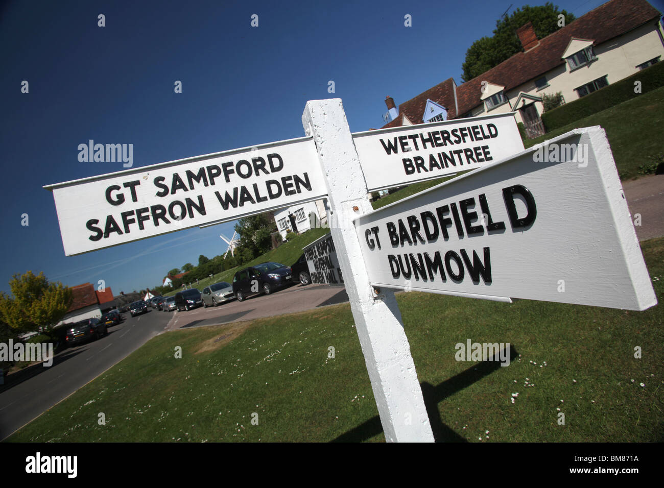 Signs to nearby villages in the picturesque village of Finchingfield in Essex, England. Stock Photo