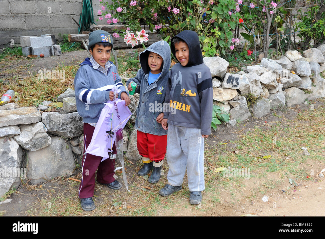 3 young boys with kite standing by roadside smiling. Santiago Apoala, Mexico. Stock Photo