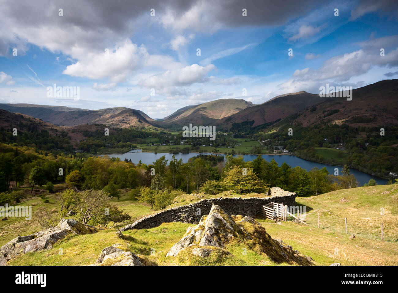 A landscape shot of the valley and lake at Grasmere, Lake District. Stock Photo