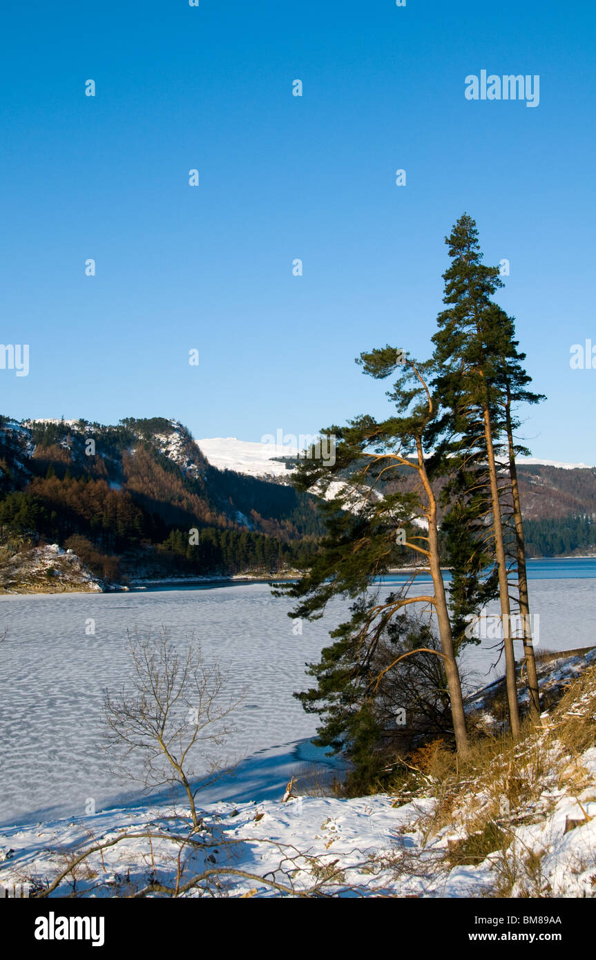 Thirlmere reservoir frozen over in winter, Lake District, Cumbria, England, UK Stock Photo
