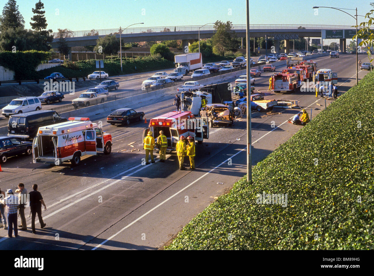 Traffic accident collision emergency on Southern California freeway firefighter response