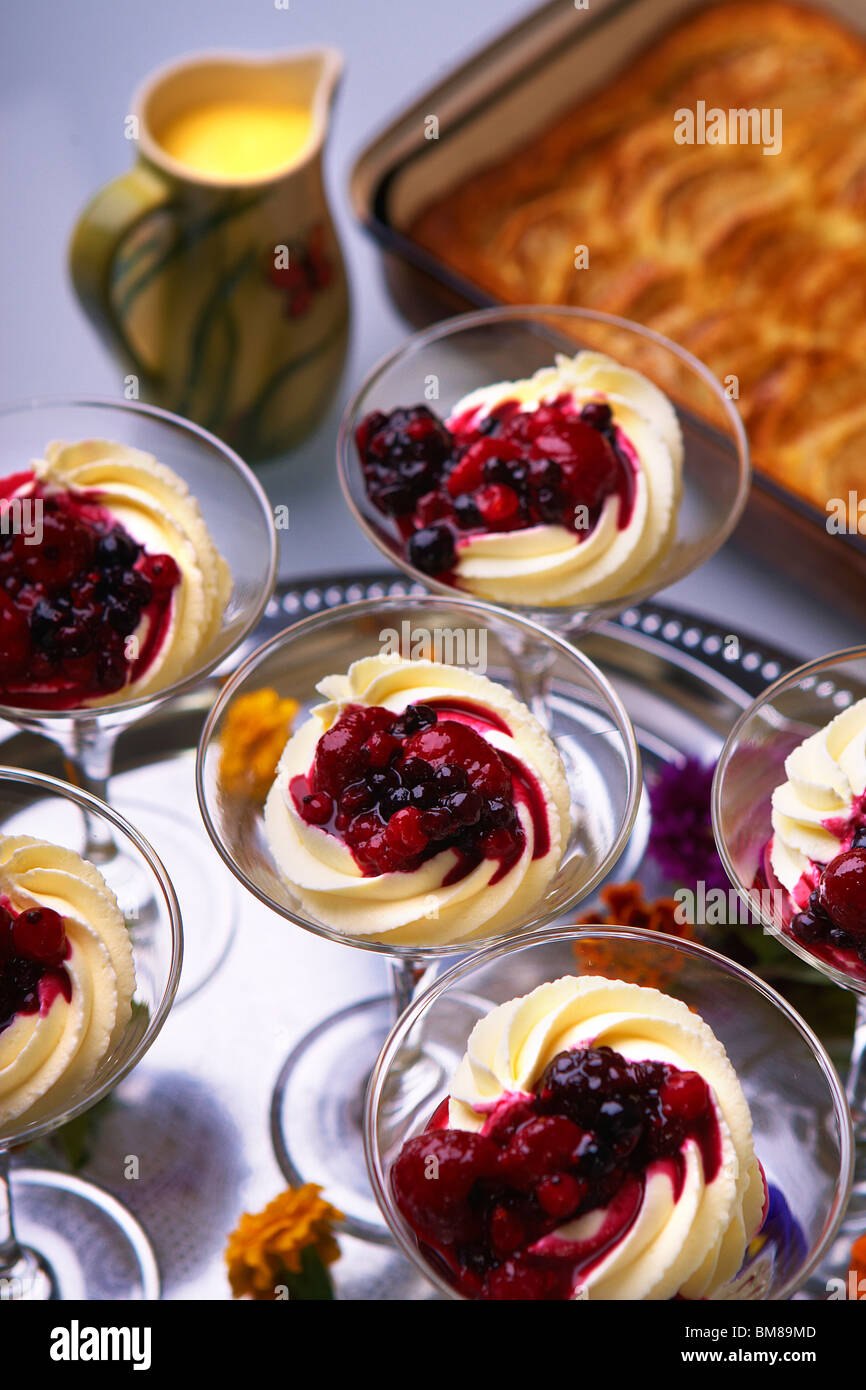 Quark Mousse with berry coulis Stock Photo