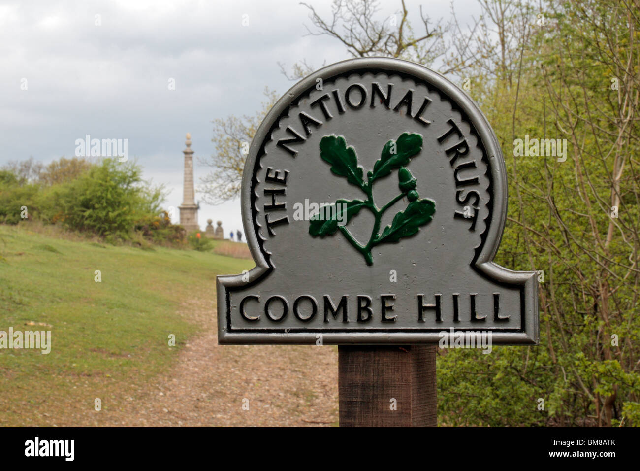 National Trust sign at entrance to Coombe Hill NT property with Coombe Hill Monument behind. (IMPT: See notes) May 2010 Stock Photo
