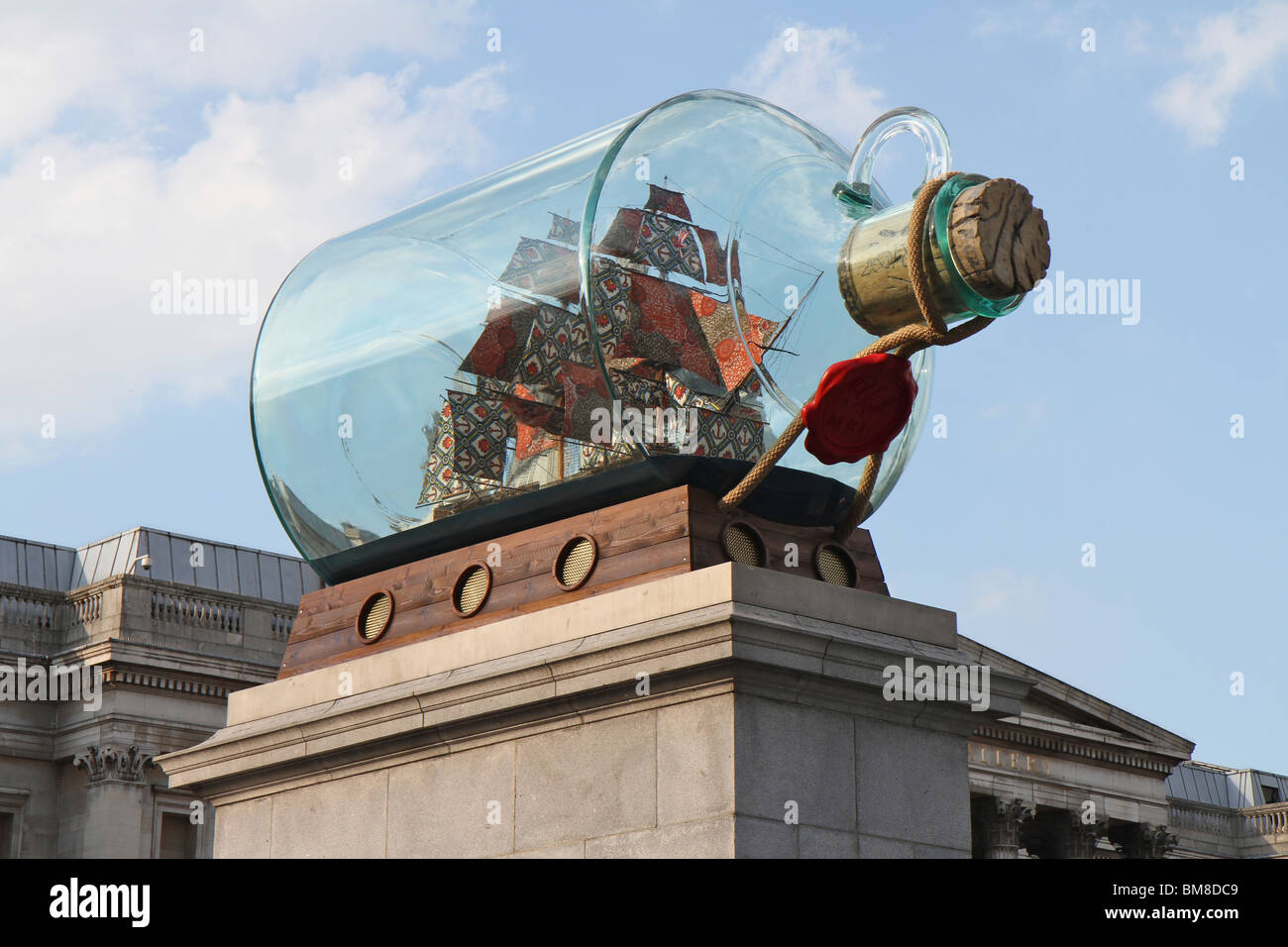 Close up of the fourth plinth at Trafalgar Square showing the new 'Nelson's Ship in a Bottle' installation Stock Photo
