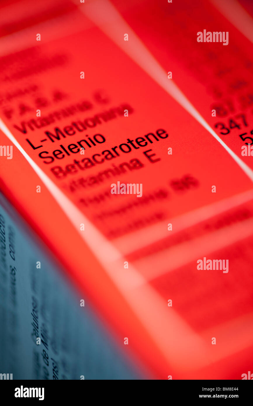 Close up of a package indicating vitamins and minerals Stock Photo