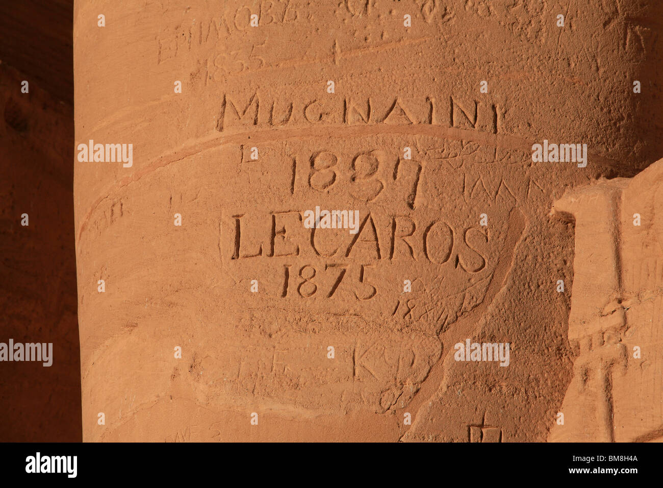 Graffiti by 19th-century tourists to the Temple of Ramses II (Ramses The Great) in Abu Simbel, Egypt Stock Photo