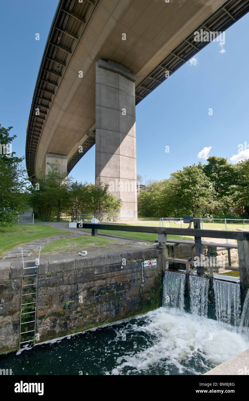 Lock on the Forth and Clyde Canal, beneath the Erskine Bridge. Stock Photo