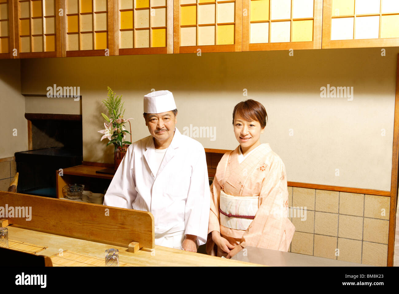 Portrait of woman in Kimono and Japanese chef, smiling, Kyoto city, Kyoto  prefecture, Japan Stock Photo - Alamy