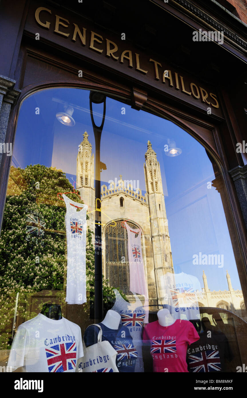 Kings College Chapel reflected in Ryder and Amies General Tailors, Cambridge, England, UK Stock Photo