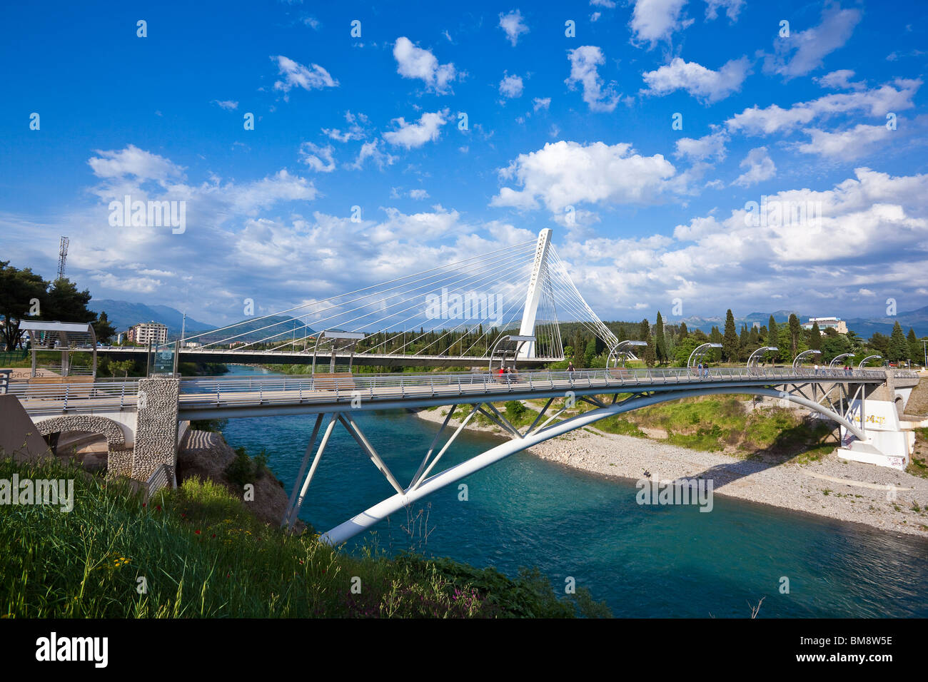 Millennium, Modern bridge construction on river Moraca, Podgorica, Capital city of Montenegro Stock Photo