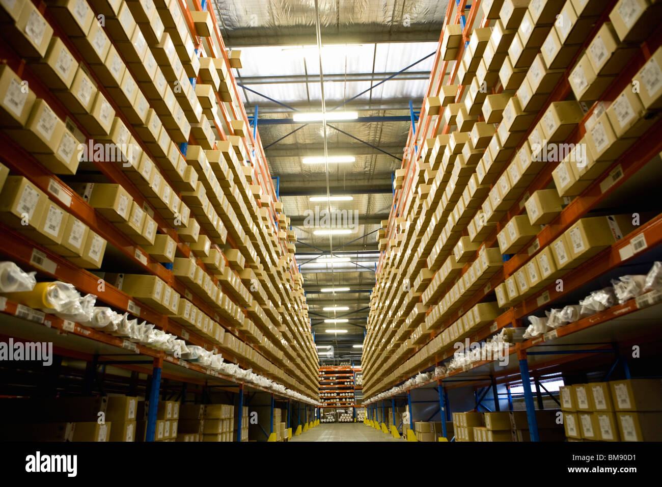 Warehouse stocked with coated textile products Stock Photo