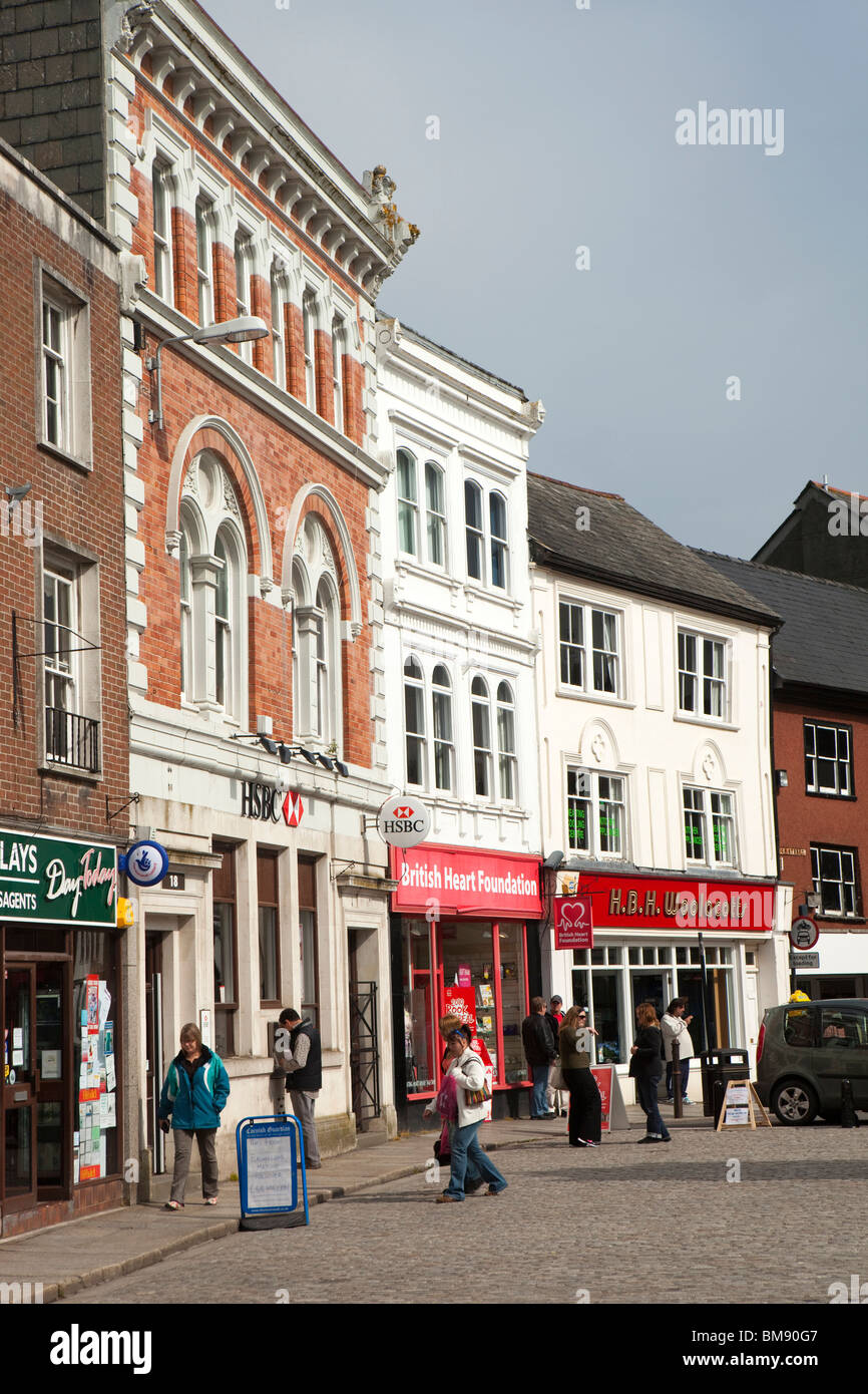 UK, Cornwall, Launceston, Market Square, shops in pedestrianised area Stock Photo
