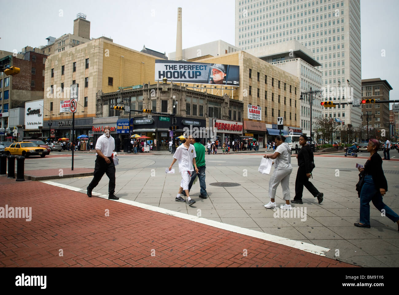 The intersection of Broad and Market Streets in downtown Newark, NJ Stock Photo