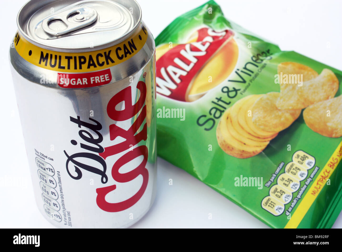 A lunch time snack consisting of a bag of crisps and a diet coke Stock Photo