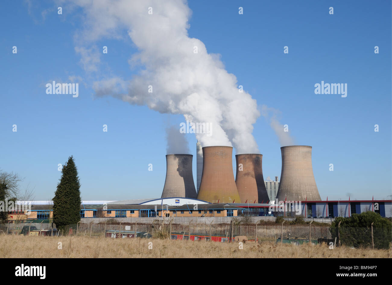 Cooling towers with steam and water vapour rising Rugeley Power Station