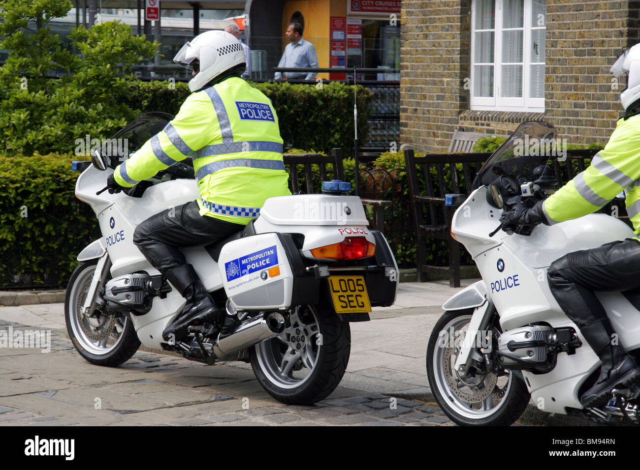 Metropolitan Police Special Escort Group motorcycle outriders. Stock Photo