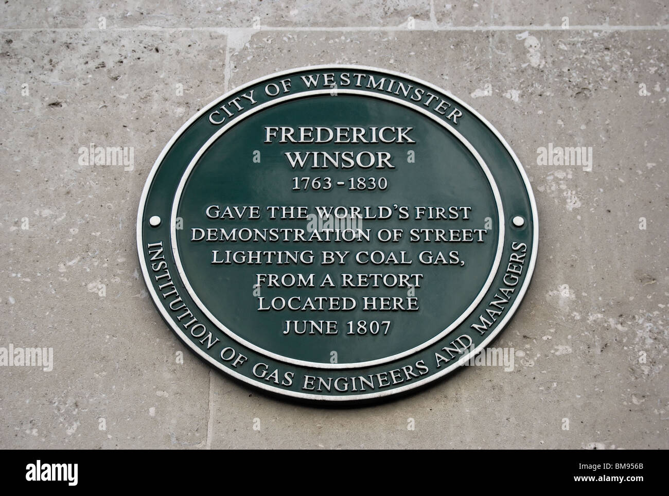 plaque marking the site of  the first demonstration of street lighting by coal gas, in 1807 in pall mall, london, england Stock Photo