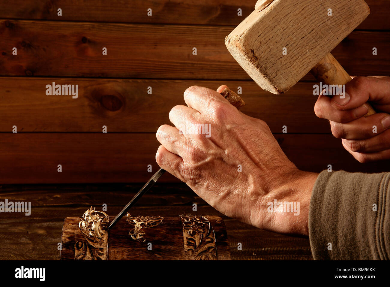 gouge wood chisel carpenter tool hand hammer craftman Stock Photo