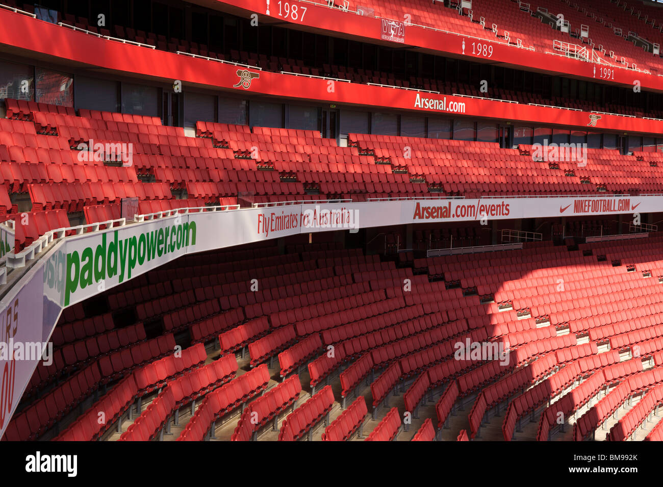 The Emirates Stadium, Arsenal football club, English Premier football soccer league. Seats on the terrace Stock Photo