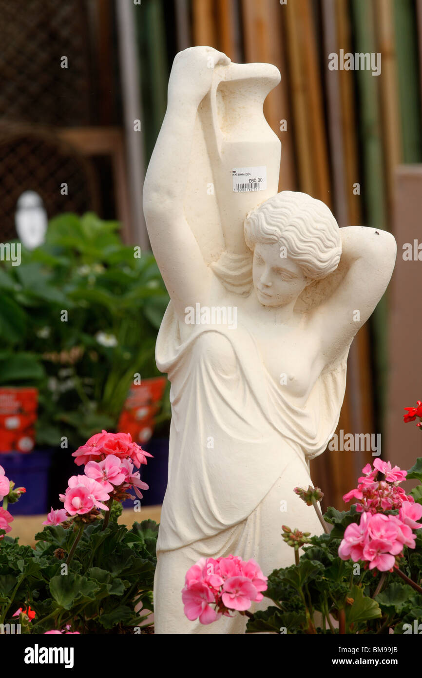Water Maiden statue and Pelargoniums, flowers blooms pastels Brookfields garden Centre