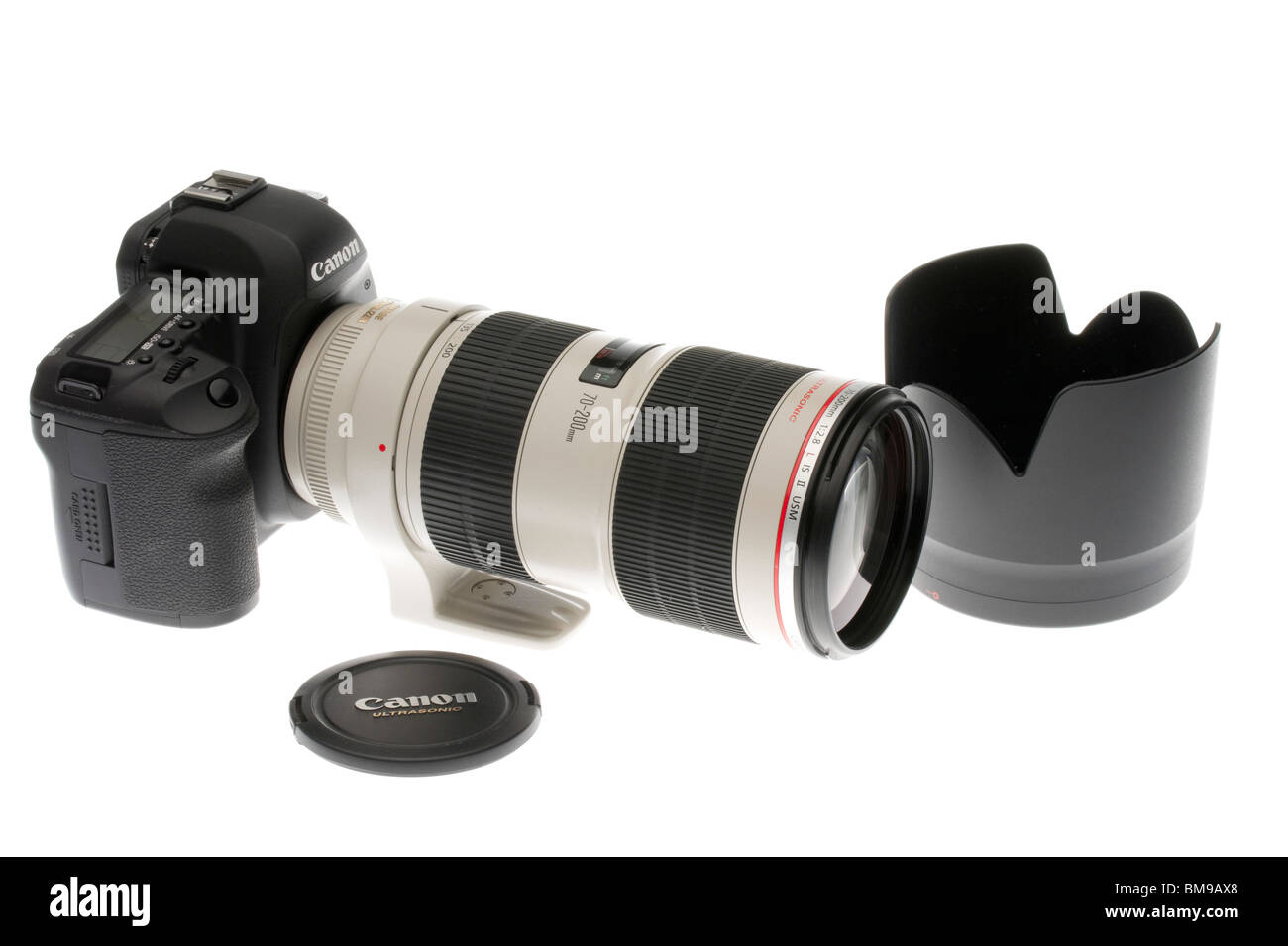 Canon 70200mm f/2.8 IS II lens 2010 launch shown with lens hood or shade and lens cap Stock
