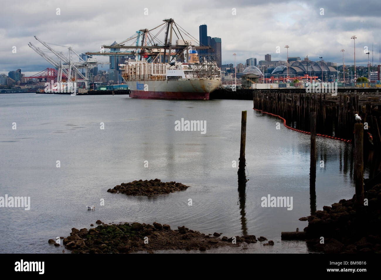 Port of Seattle, Seattle, Washington, USA. Cargo ships are loaded with containers by huge cranes to travel to far ports of call. Stock Photo