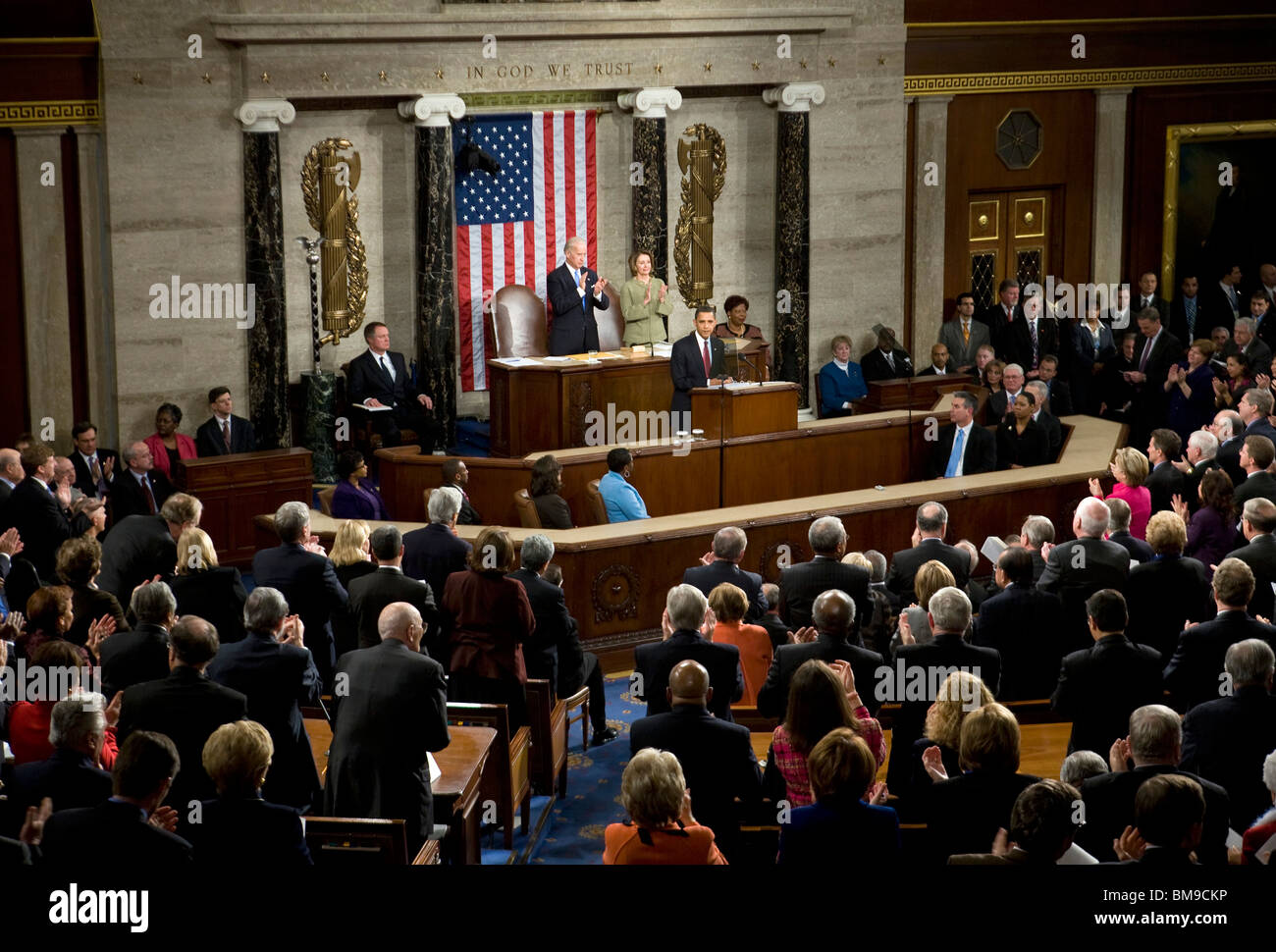 24 February 2009 – Washington, D.C. – President Barack Obama addresses a joint session of Congress in the House Chamber. Stock Photo