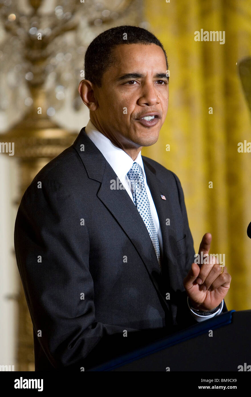 13 February 2009 – Washington, D.C. – President Barack Obama delivers remarks about the economic stimulus package to members of the Business Council in the East Room of the White House. Stock Photo