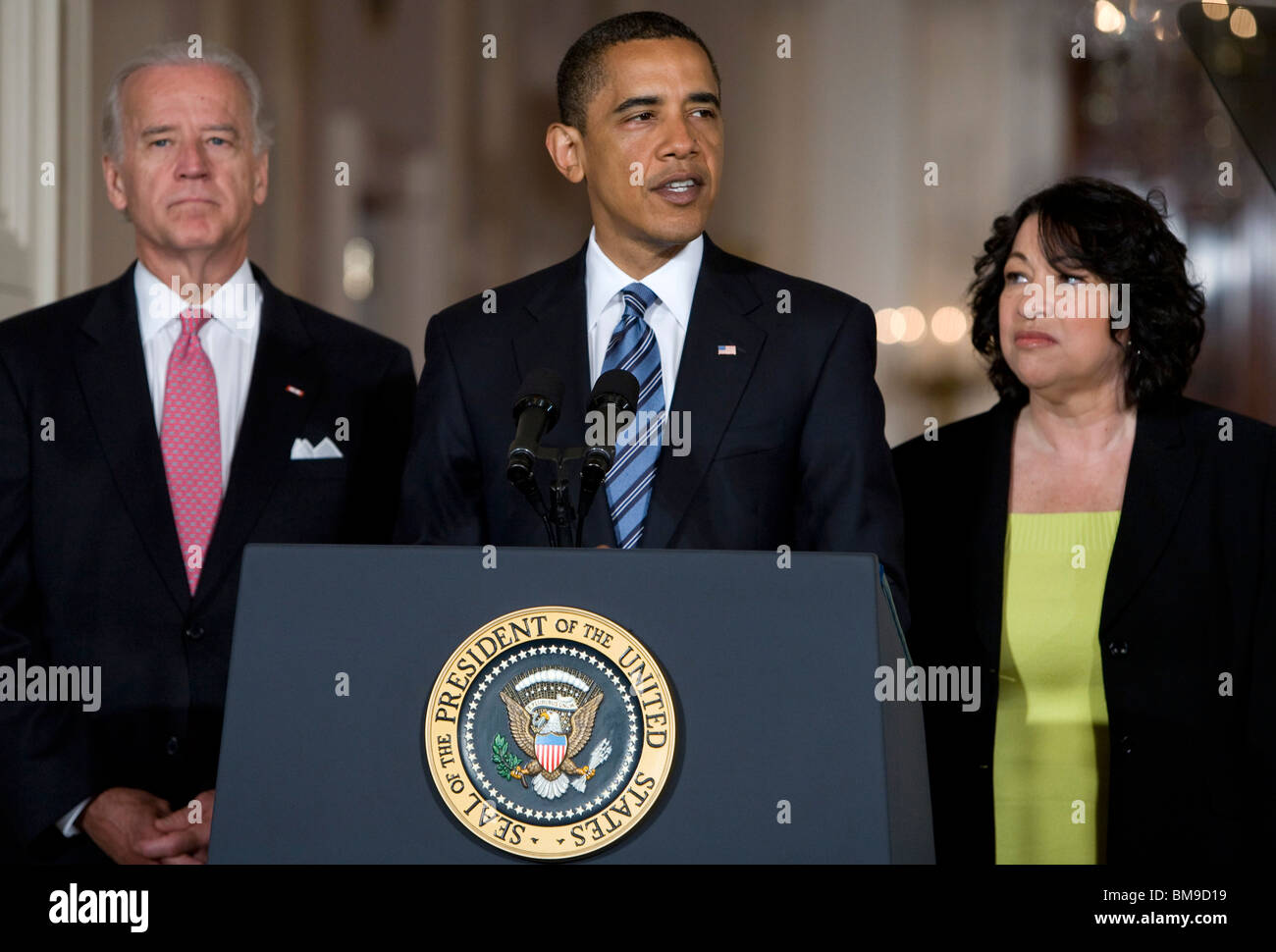 President Barack Obama, Vice- President Joe Biden and supreme court justice Sonia Sotomayor at the White House. Stock Photo