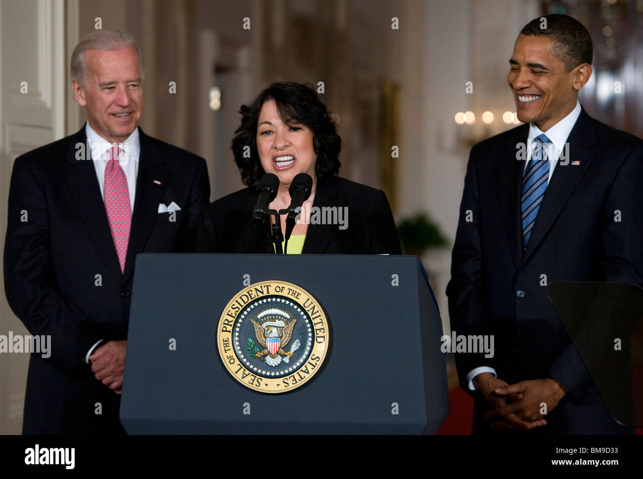 President Barack Obama, Vice- President Joe Biden and supreme court justice Sonia Sotomayor at the White House. Stock Photo