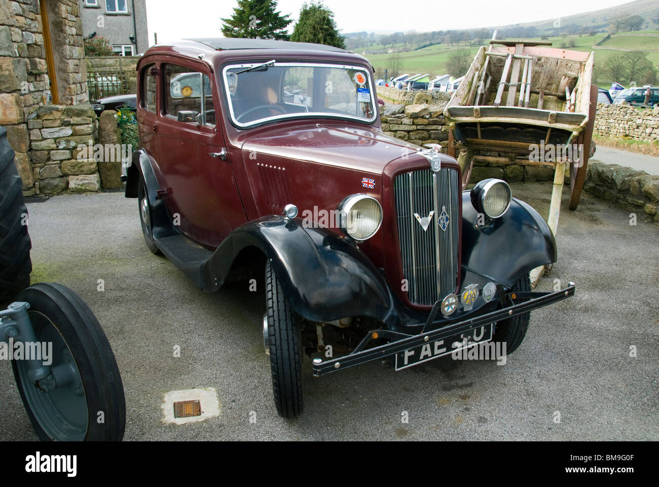 Vintage Morris 8 car (circa 1935-37) at the village of Dent, Yorkshire Dales National Park, Cumbria, England, UK Stock Photo