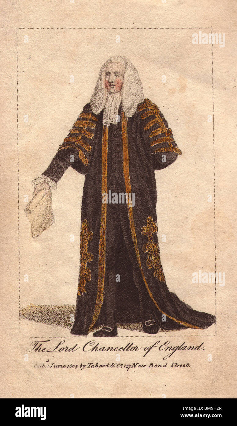 Lord Chancellor of England. In white wig, wearing gold-embroidered black robes over a black suit, and carrying a document. Stock Photo