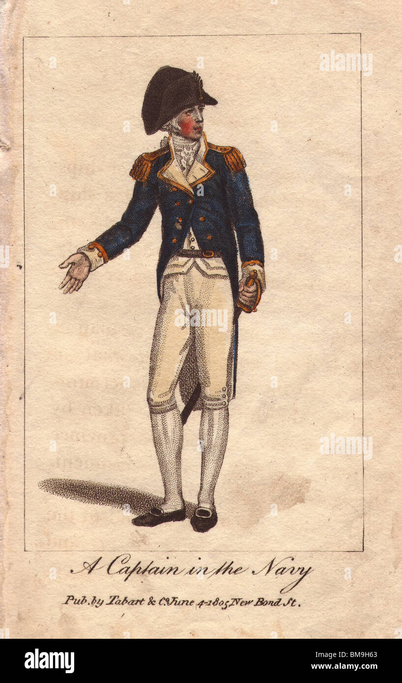 A Captain in the Navy. In blue jacket with epaulets, white breeches and stockings, buckled shoes and straight sword. Stock Photo