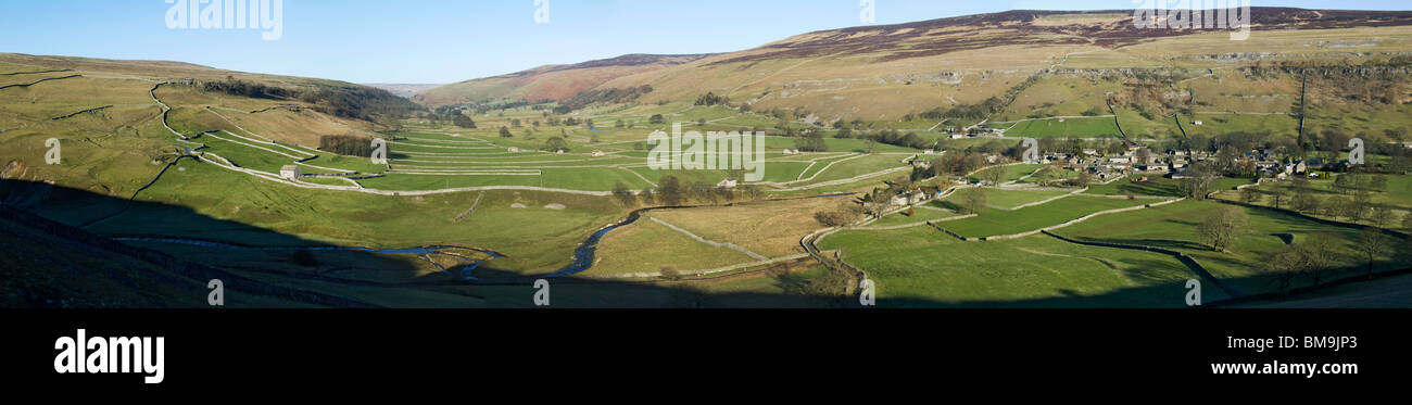 Panorama of Littondale and the village of Arncliffe, Yorkshire Dales National Park, England, UK.  Behind is Old Cote High Moor. Stock Photo