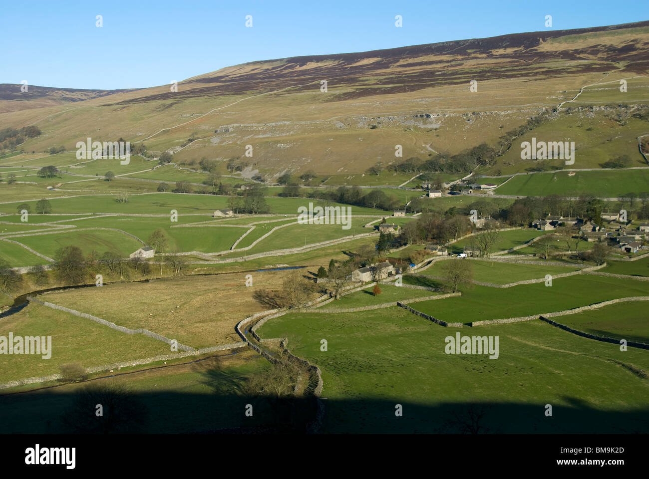 Littondale and the village of Arncliffe, Yorkshire Dales National Park, England, UK.  Behind is Old Cote High Moor. Stock Photo