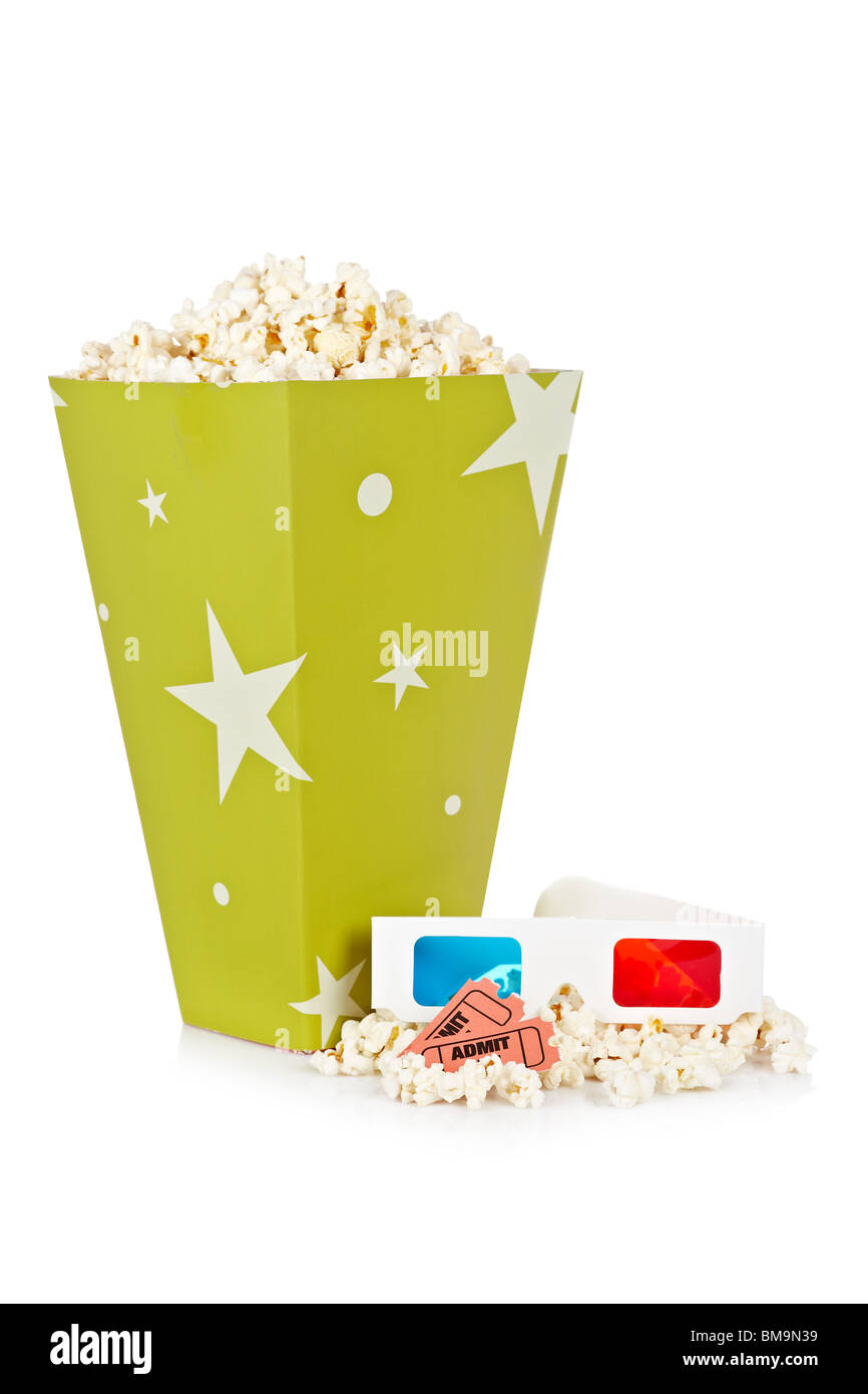 Popcorn bucket with two tickets and 3D anaglyph glasses isolated on a white background Stock Photo