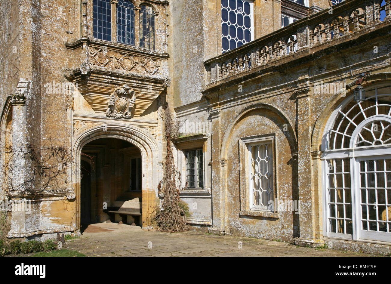 Stonework detail of Forde Abbey, the historic stately home and former Cistercian monastery on the River Axe near Chard Stock Photo