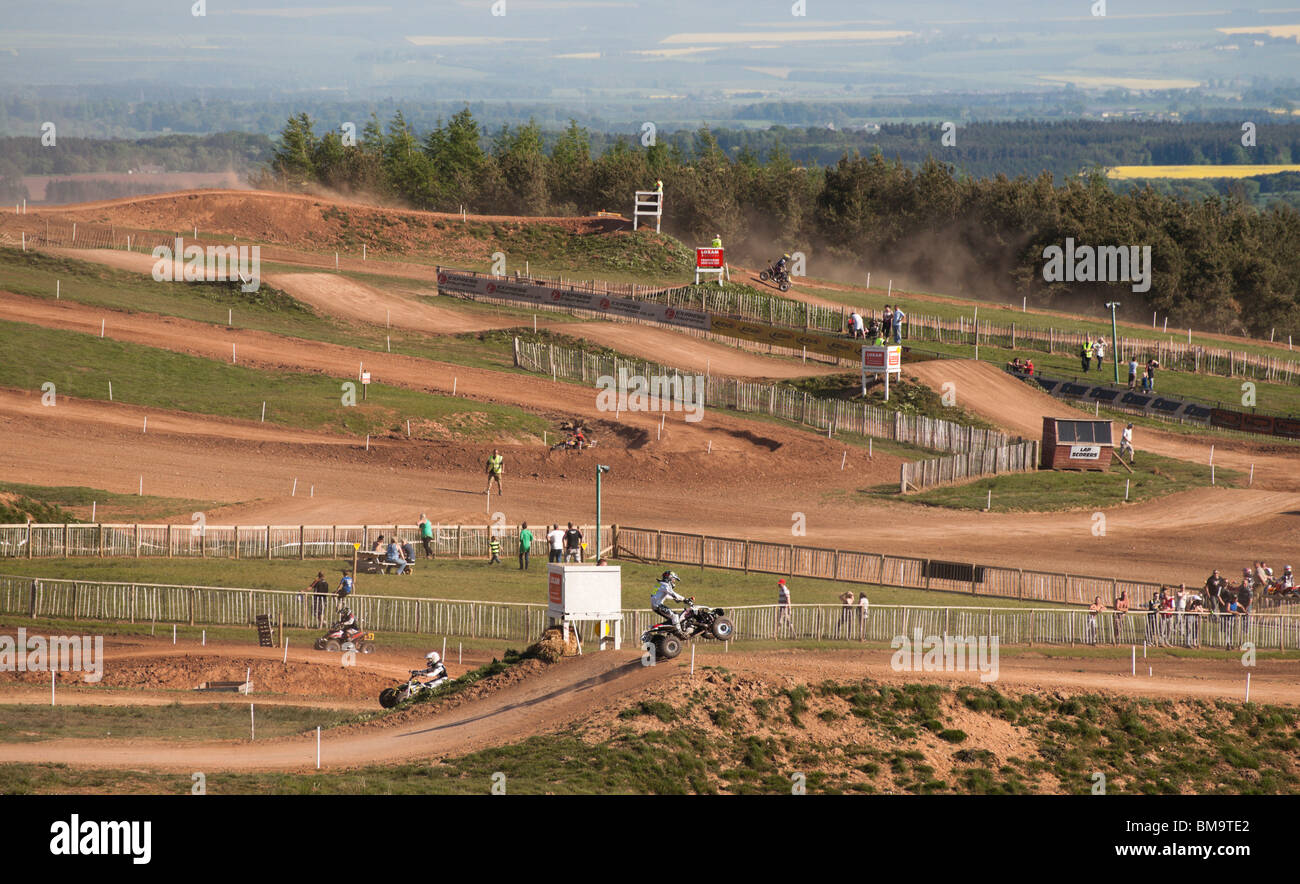 Duns moto cross quad bike racing track in Berwickshire Scotland with Border country landscape beyond Stock Photo
