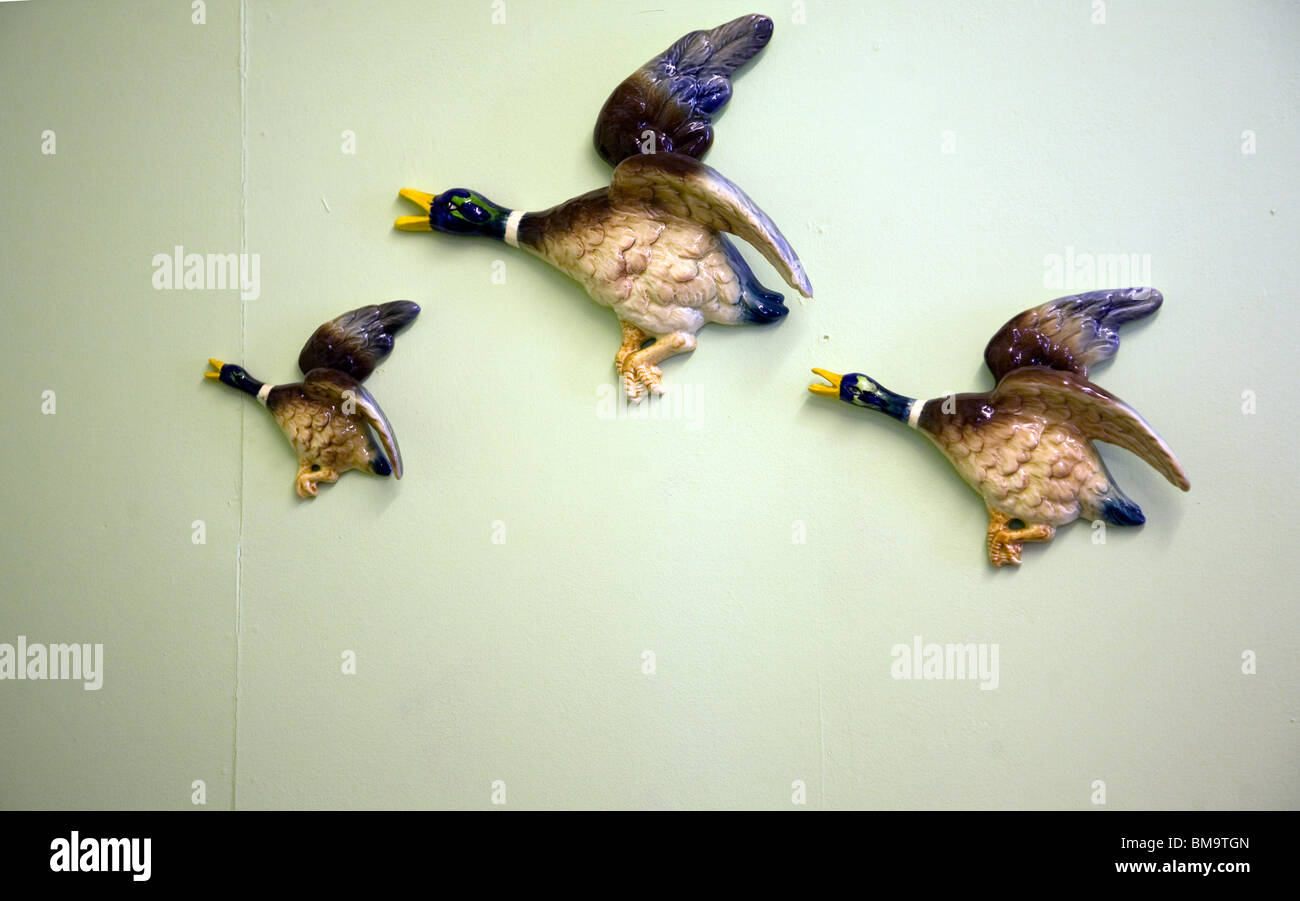 Three china flying ducks on wall, Museum of East Anglian Life, Stowmarket, Suffolk Stock Photo
