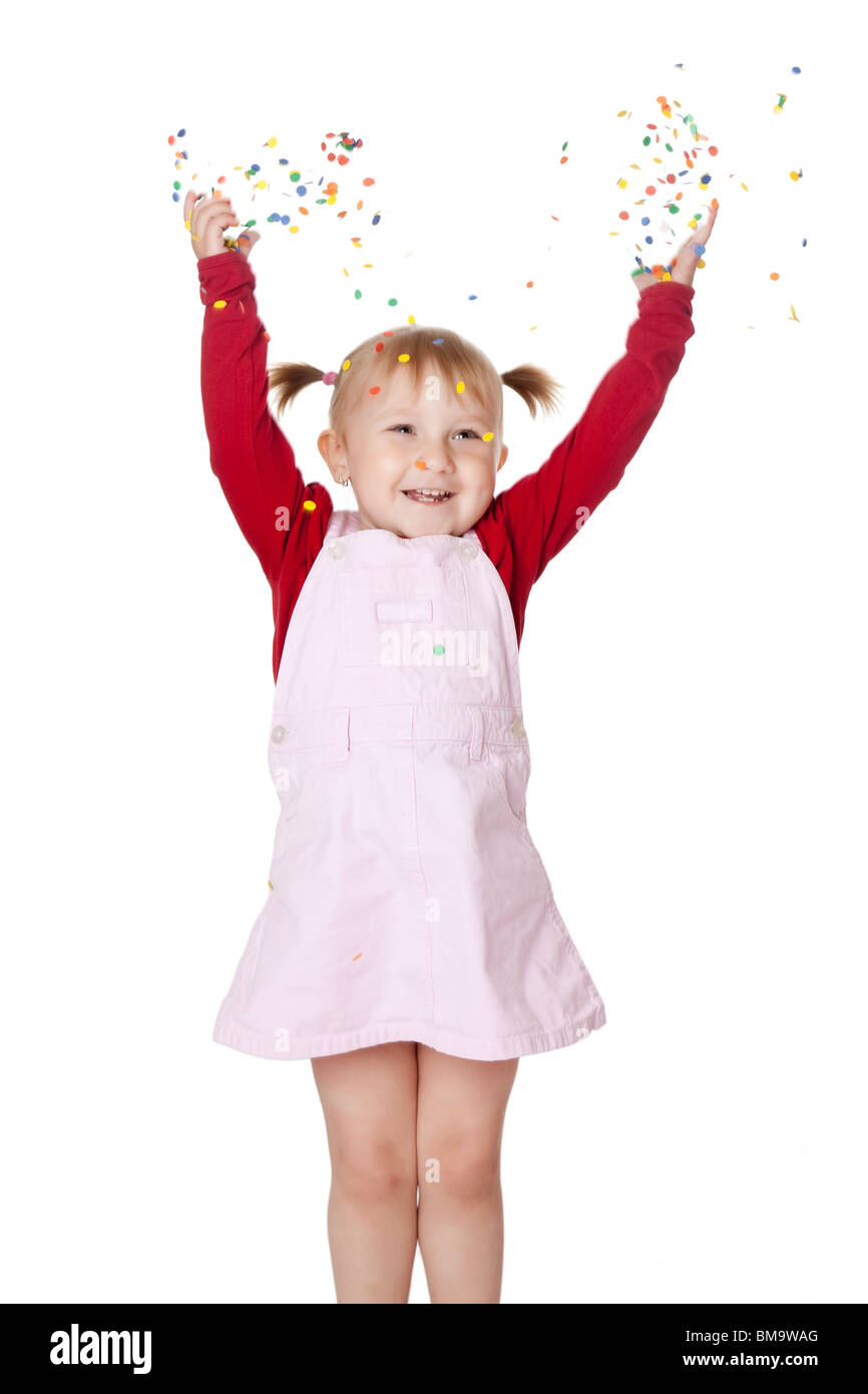 the happy little girl with confetti Stock Photo Alamy